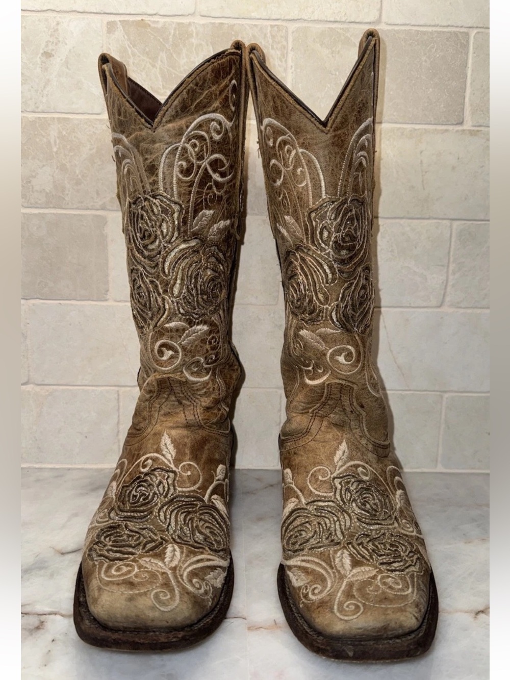 Wildflowers Bluebonnet Size 6 Brown Leather Rose Embroidered Cowboy Boots Rodeo